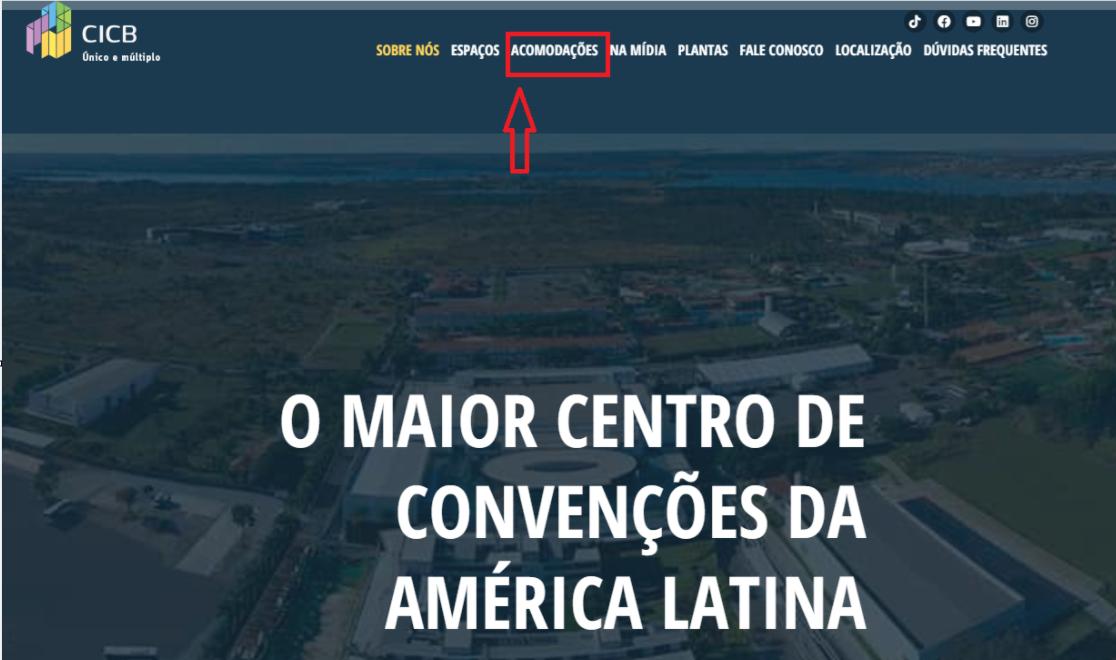 Página do CICB com indicação do menu Acomodações