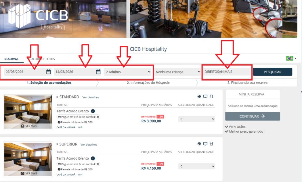 Tela de reserva com campos de datas, número de pessoas e cupom